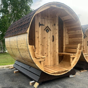 7' x 10' Barrel Sauna with Front Porch – spacious outdoor sauna featuring covered porch and authentic cedar barrel construction