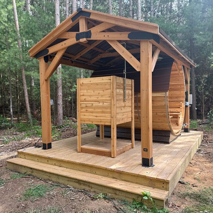 Outdoor shower for barrel sauna spa setup