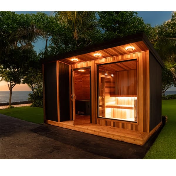 Rugged pressure-treated base structure of Cold Creek sauna