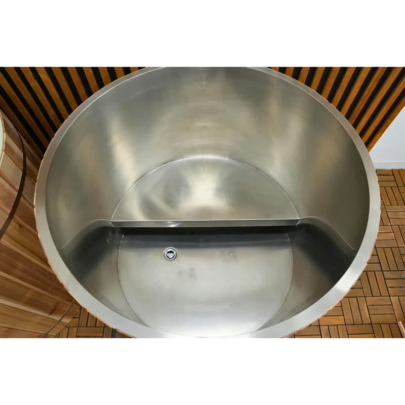 Pacific cedar exterior of cold plunge tub highlighting natural wood grain