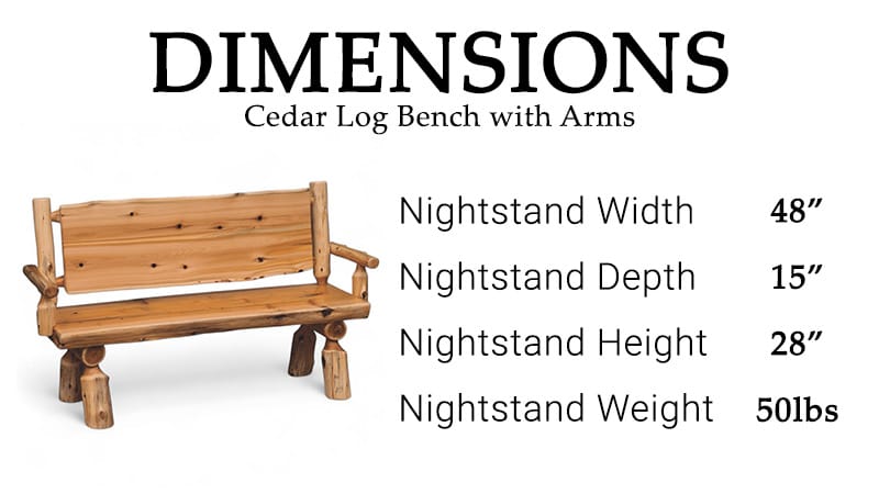 Front view of rustic cedar bench with armrests
