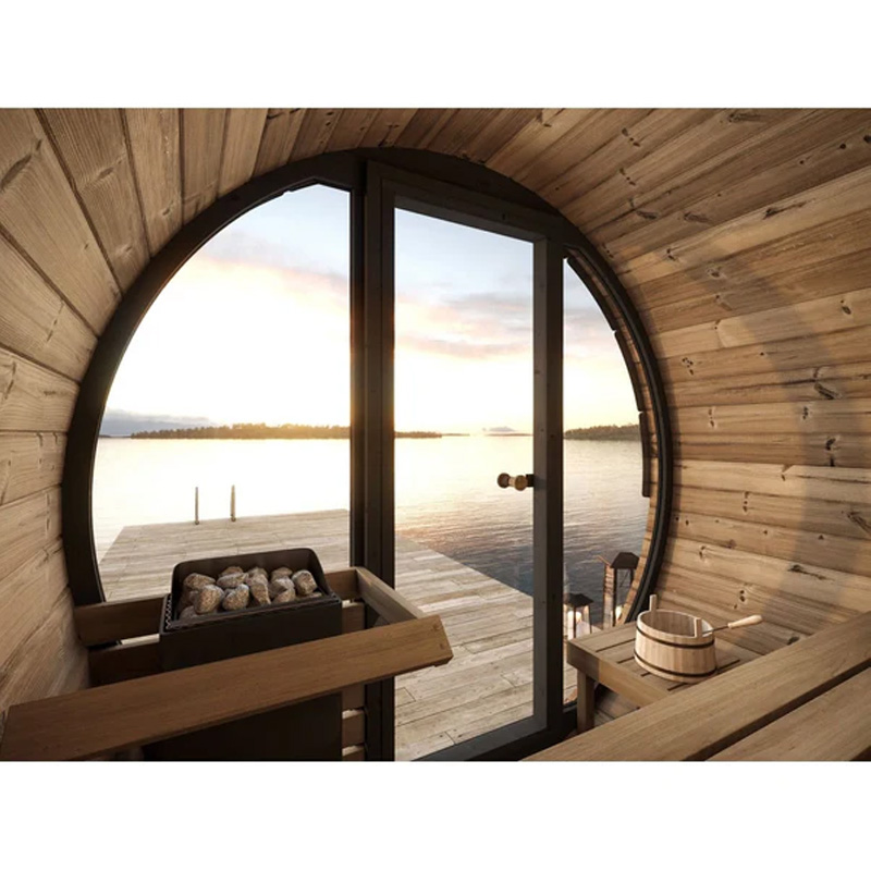 Interior of SaunaLife E7G barrel sauna showing ergonomic bench layout