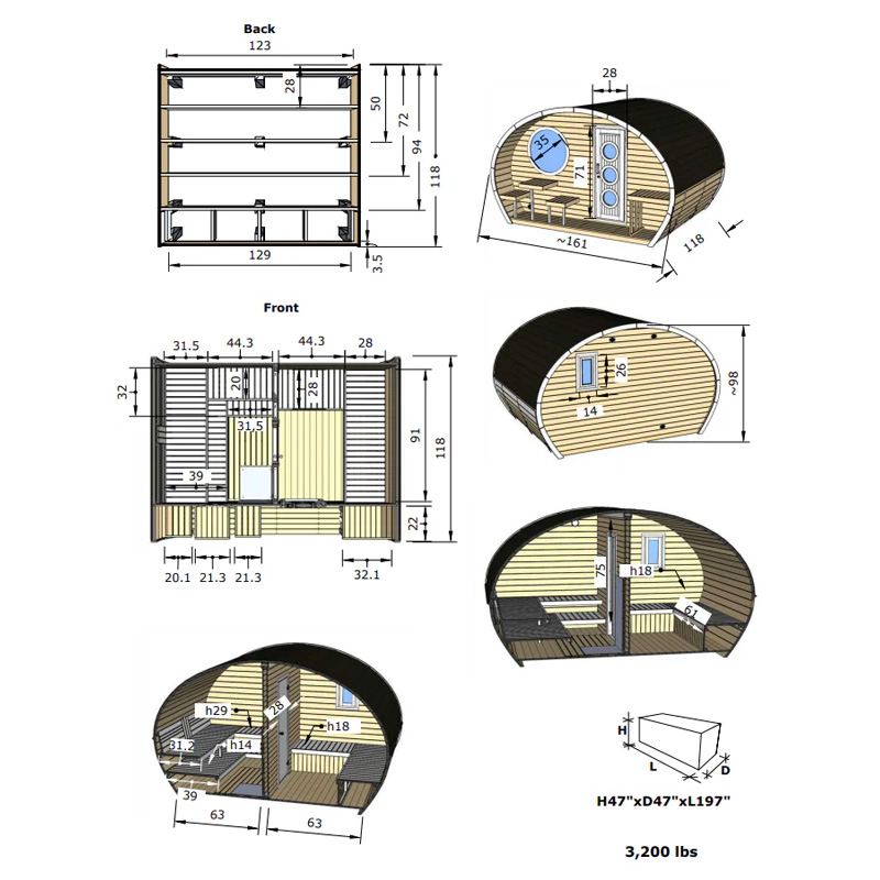 Model G11 hobbit sauna overall dimensions diagram showing length, width, height, and key features