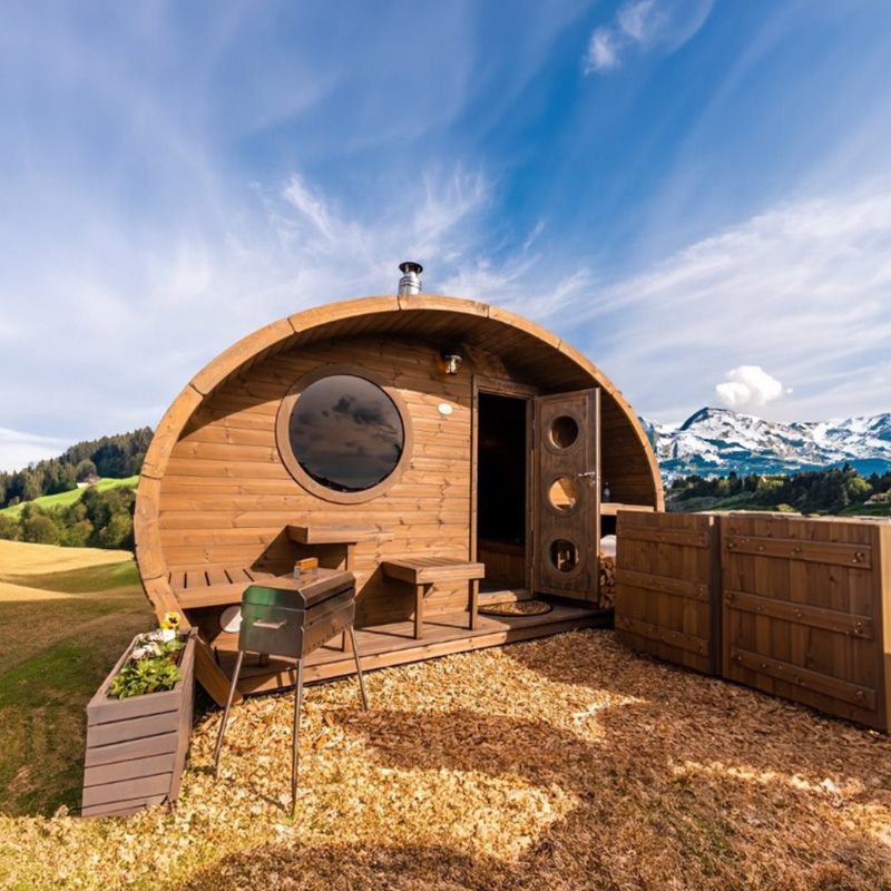 Hobbit sauna outdoor pod sauna with porch and rounded design
