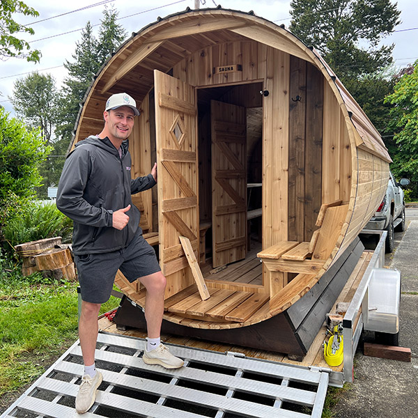 Happy customer with Cedar Sense barrel sauna in Richmond, VA