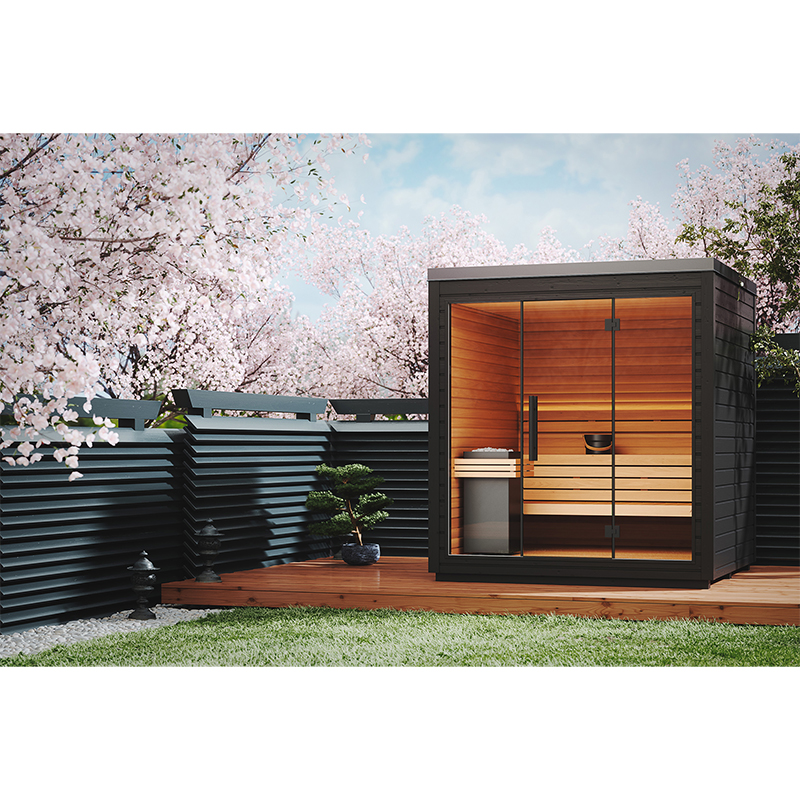 Auroom Mira L spa-grade sauna in a luxurious outdoor setting with natural light and elegant black finish