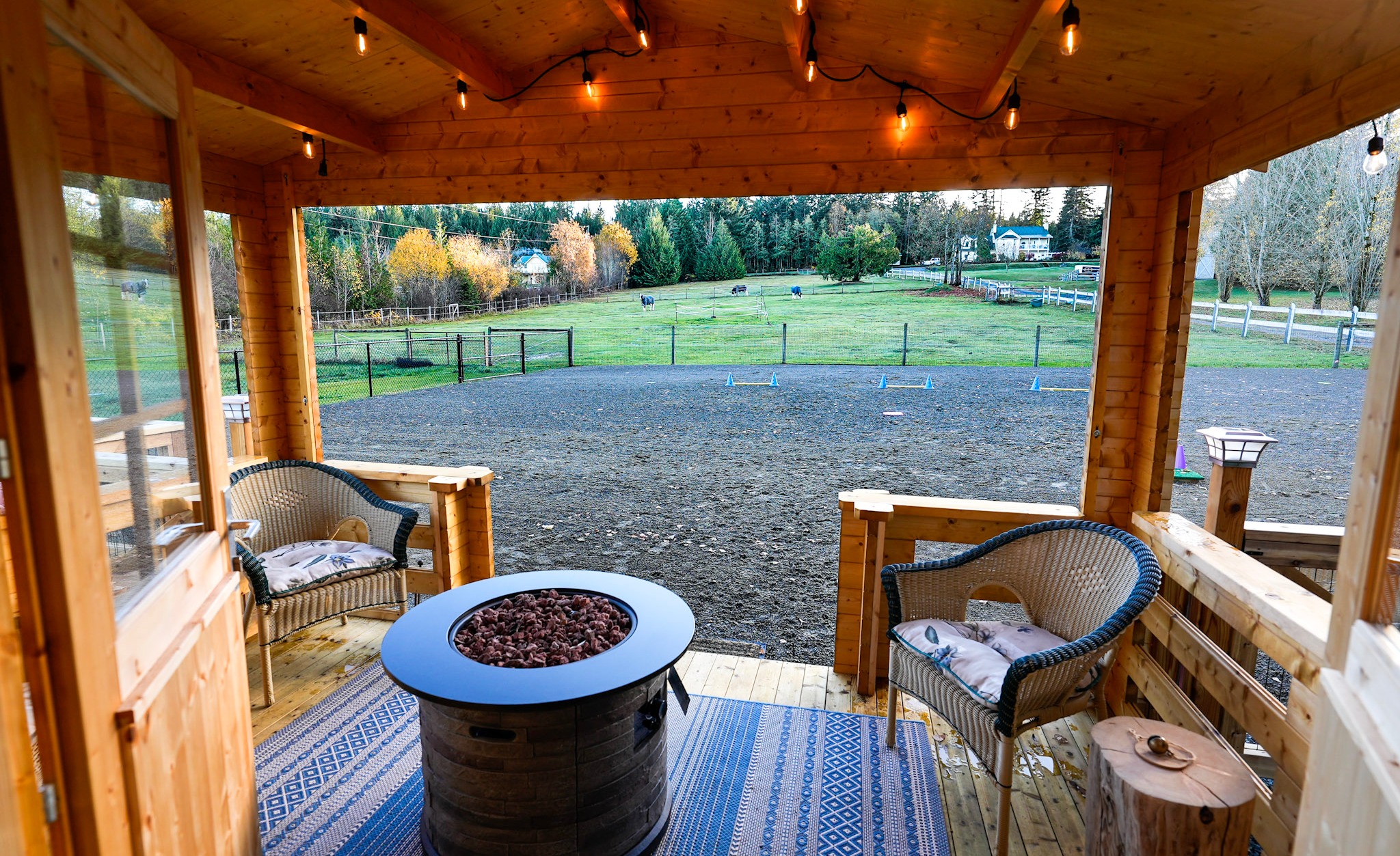 View from the covered porch of the Big Sky Cabin tiny cabin