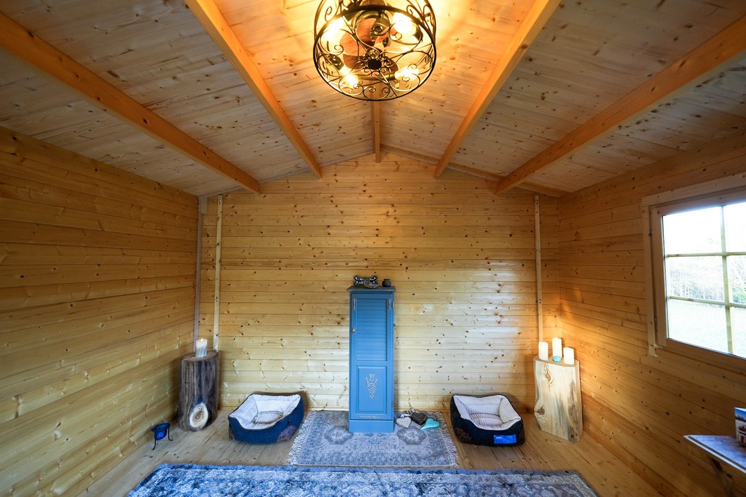 Interior of the Big Sky Cabin tiny cabin used as a dog cabin