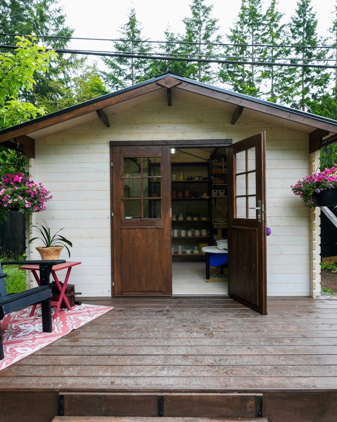 Backyard pottery studio inside a finished wood diy shed