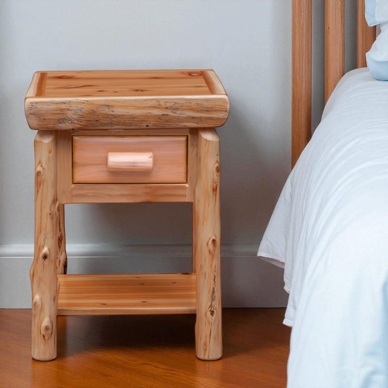 Cedar Log 1 Drawer Nightstand with Shelf | Rustic Light Wood Nightstand - Image 3