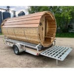 Premium sauna rental package featuring cedar barrel sauna, cold tub, and propane generator