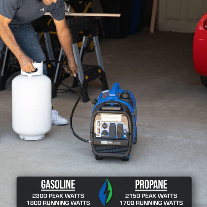 Side profile of portable 2300W generator with handle and compact frame