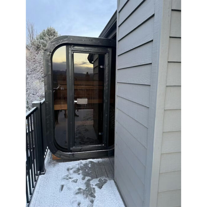 Interior view of SaunaLife 2-person cube sauna with contoured Thermo-Aspen benches