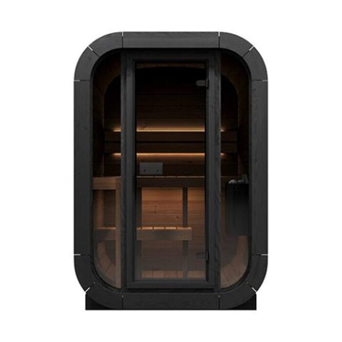 Front view of SaunaLife CL3G Cube-Series outdoor sauna with full-glass front design