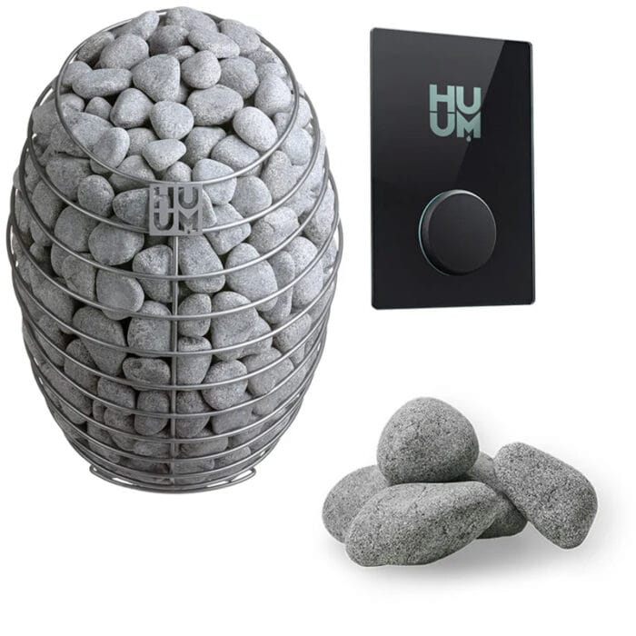 Unboxing display of HUUM Drop sauna heater and included components