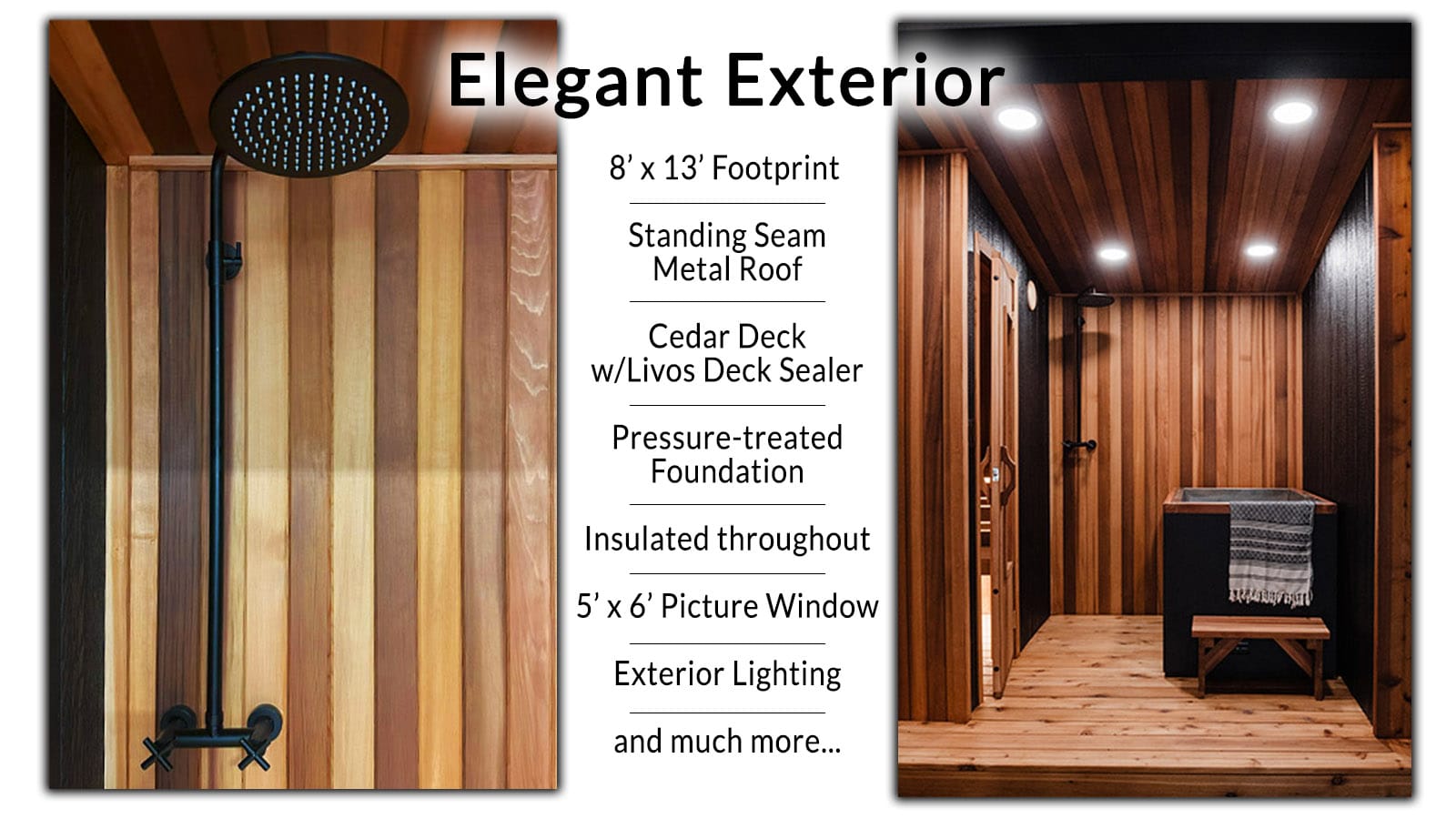 Modern cedar sauna exterior featuring standing seam metal roof and large window