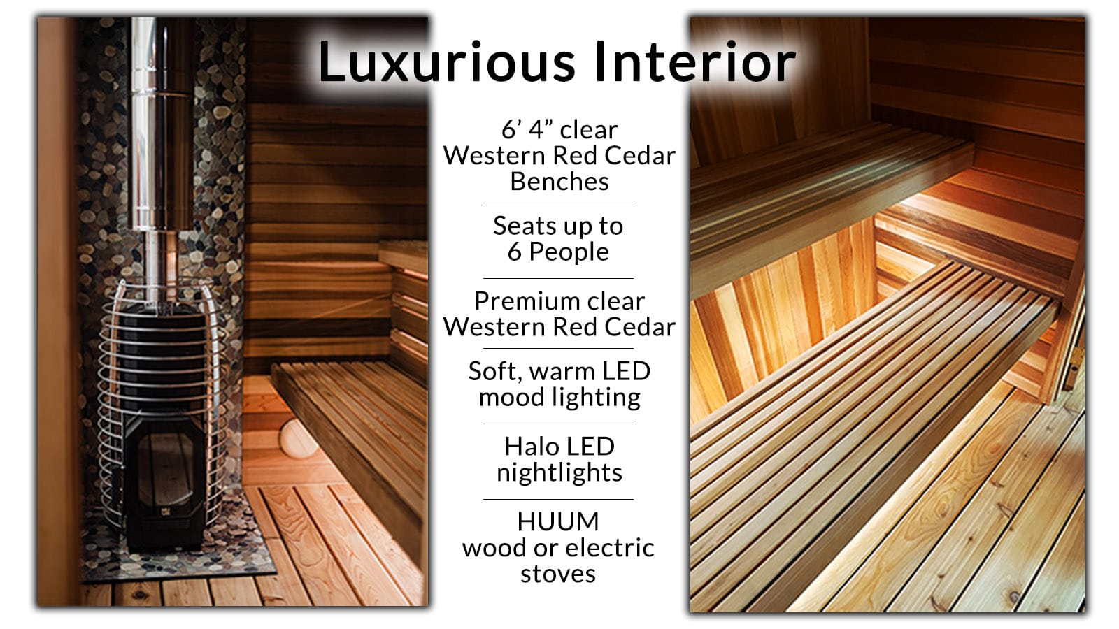 Interior view of Silver Star Sauna with Western Red Cedar benches and LED lighting