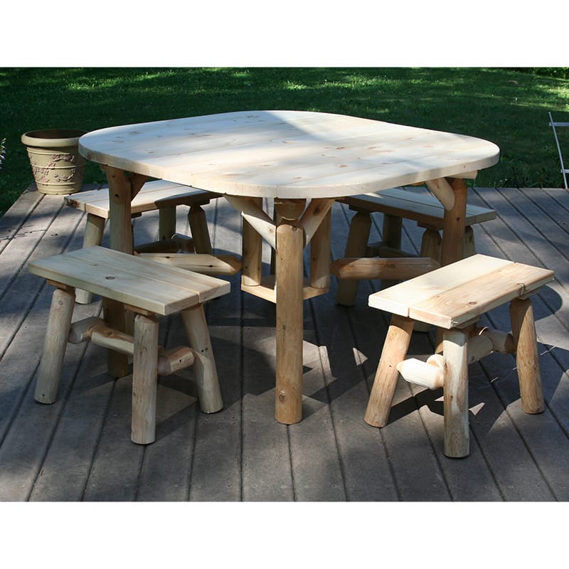 Close-up of log bench legs and joints