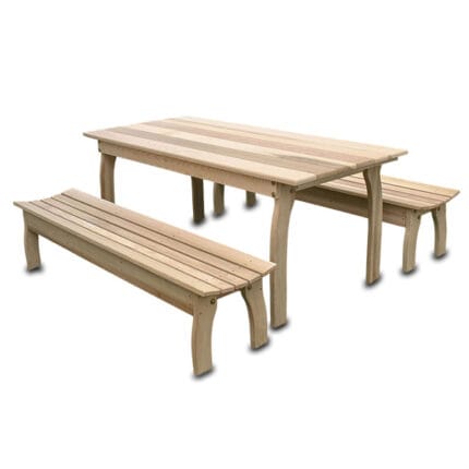 Front view of Cedar Three Piece Family Dining Set, a cedar table from Western Red Cedar with picnic-style table and two detached benches for family outdoor meals.