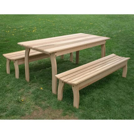 Side profile of durable Cedar Three Piece Family Dining Set, highlighting wide table top, contoured benches, and weather-resistant build in this cedar table arrangement.