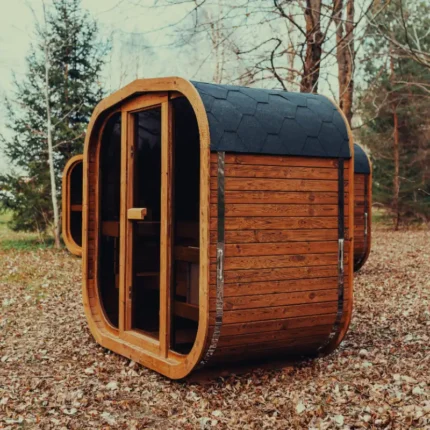 modern outdoor cube sauna with cedar exterior