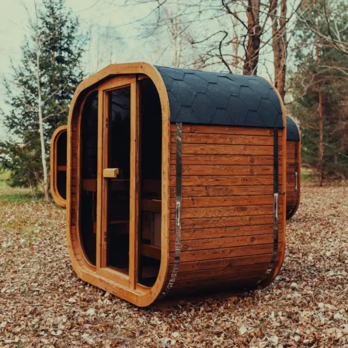 modern outdoor cube sauna with cedar exterior