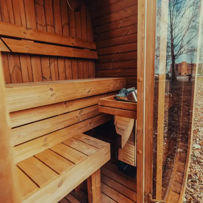 outdoor sauna cube with tempered glass door