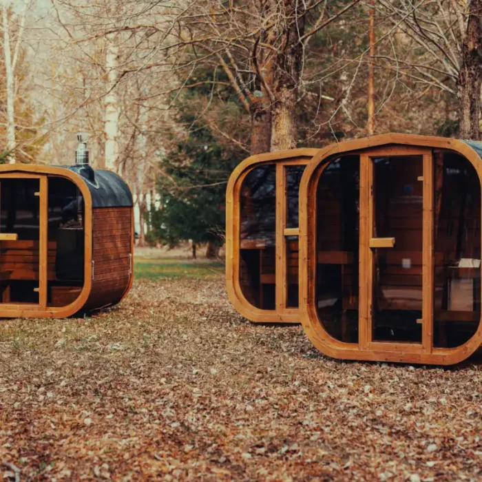 luxury home spa cube sauna in backyard setting