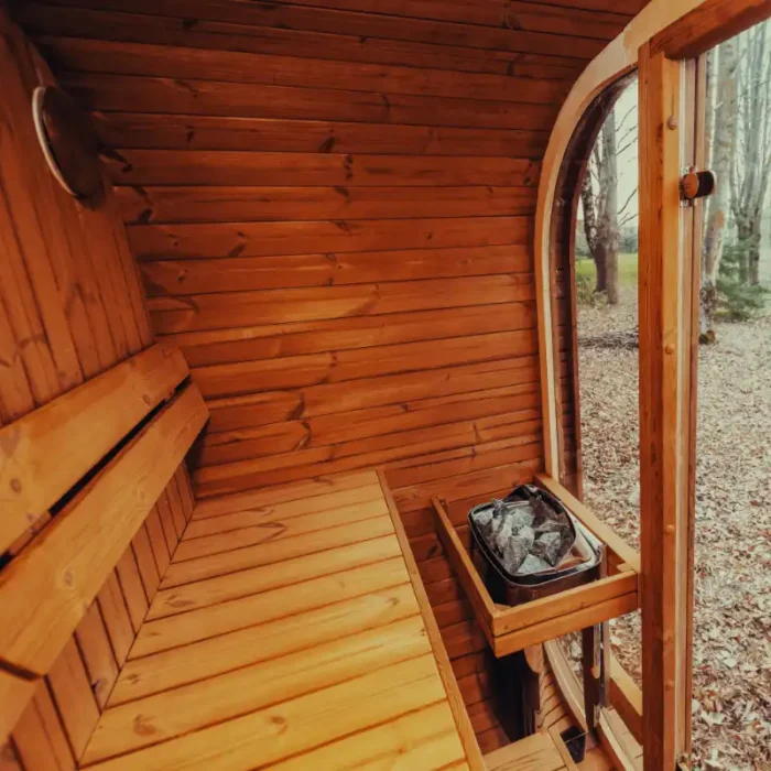 interior of MandeSpa cube sauna with electric heater
