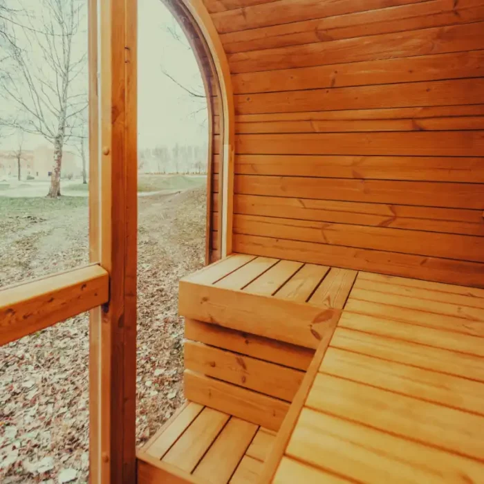 outdoor cube sauna with shingle roof