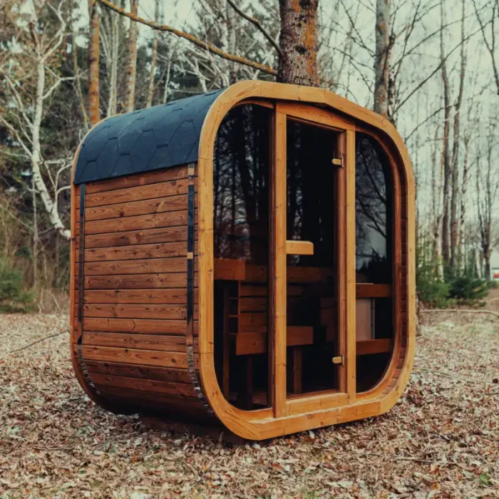 luxury cube sauna with glass door and wood paneling