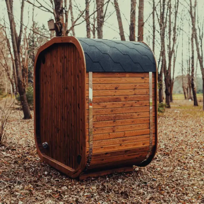 backyard cedar cube sauna under blue sky