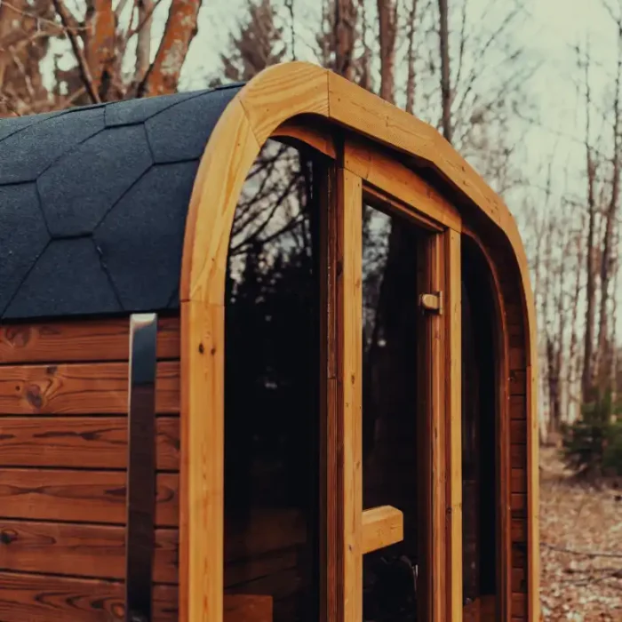 cube sauna door detail with ergonomic handle