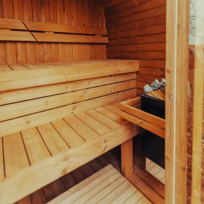 cube sauna in minimalist backyard design