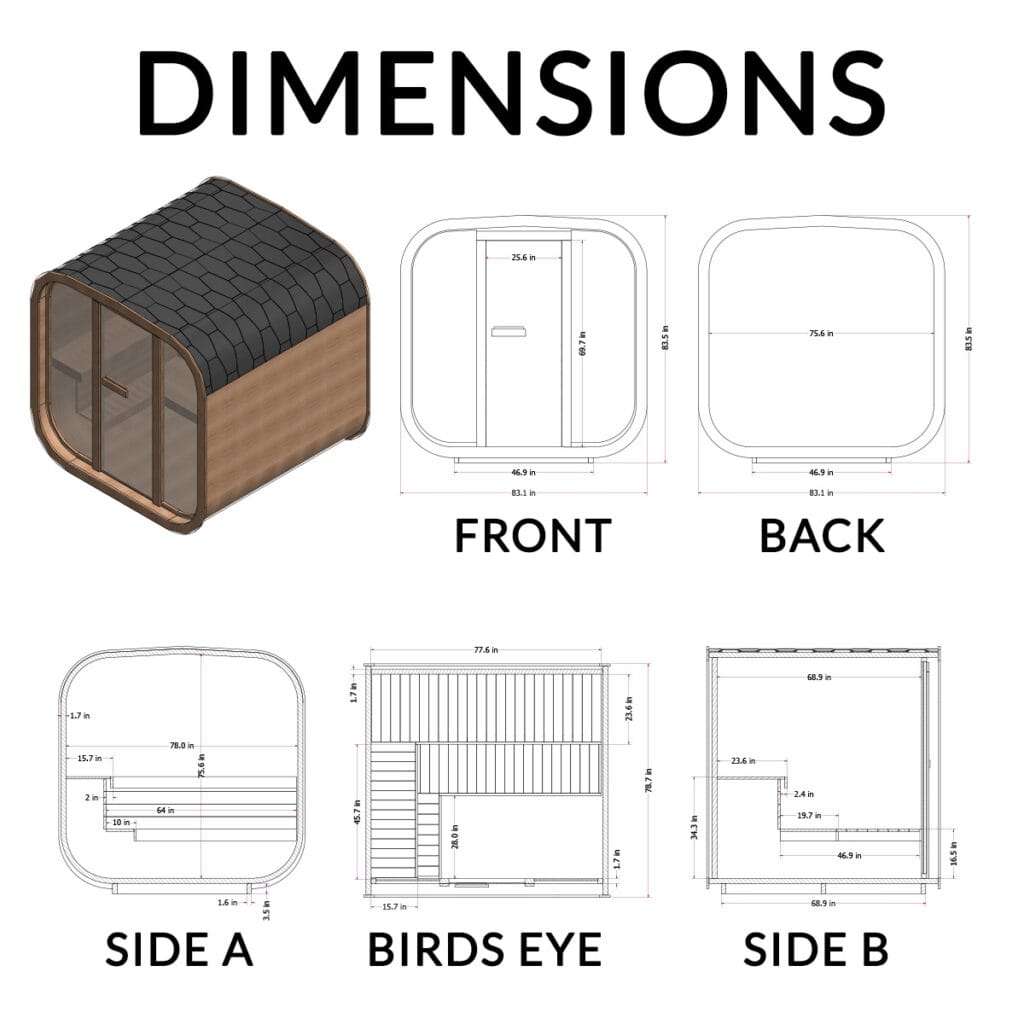 Compact outdoor cube sauna made from ThermoWood