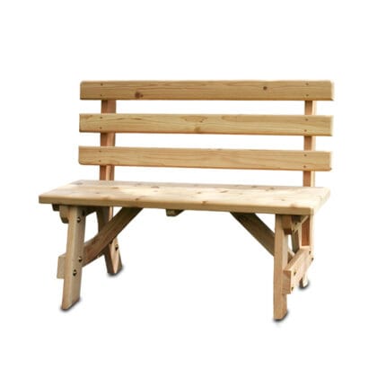 Front view of Cedar Backed Bench, a wood bench outdoor made from Western Red Cedar with contoured seating and backed design, available in 5ft size for durable yard seating