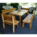 Cedar Chickadee Dining Set in backyard environment, highlighting vibrant sheen and spacious setup as practical cedar furniture for communal zones.