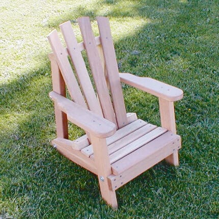 Cedar Child Size Wide Slat Adirondack Chair, wood patio furniture from Western Red Cedar with wide slats and armrests, designed for kids aged 2-10 in outdoor play areas