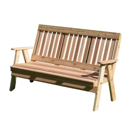 Cedar Countryside Garden Bench in outdoor setting, showcasing natural honey-brown hue and rustic charm as a versatile outdoor wood bench for patios or lawns.
