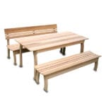 Front view of Cedar Couple Dining Set, wooden outdoor furniture from Western Red Cedar including table and two backed benches for intimate dining.