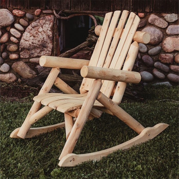 Cedar log rocking chair on porch