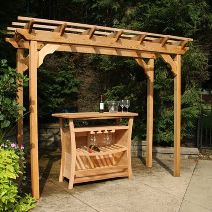 Close-up of post and beam joint in Cedar New Dawn Pergola, emphasizing zinc-plated steel hardware and pre-drilled assembly in resilient wood pergola.