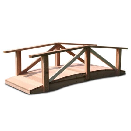 Front view of Cedar Pearl River Garden Bridge, a wood bridge crafted from Western Red Cedar with arched railings and laminated supports, available in 8ft span for scenic garden crossings