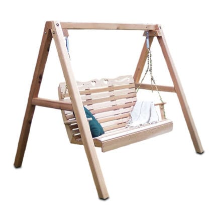 Cedar Royal Country Hearts Porch Swing with A-Frame Stand, crafted from Western Red Cedar featuring intricate heart carvings and scroll accents for outdoor relaxation.