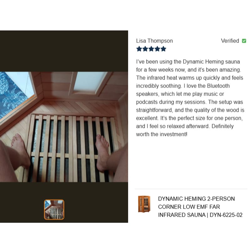 Corner exterior view of Dynamic Heming Elite indoor infrared sauna in honey dark stain.