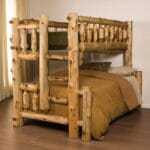 Built-in ladder detail on rustic log bunk bed