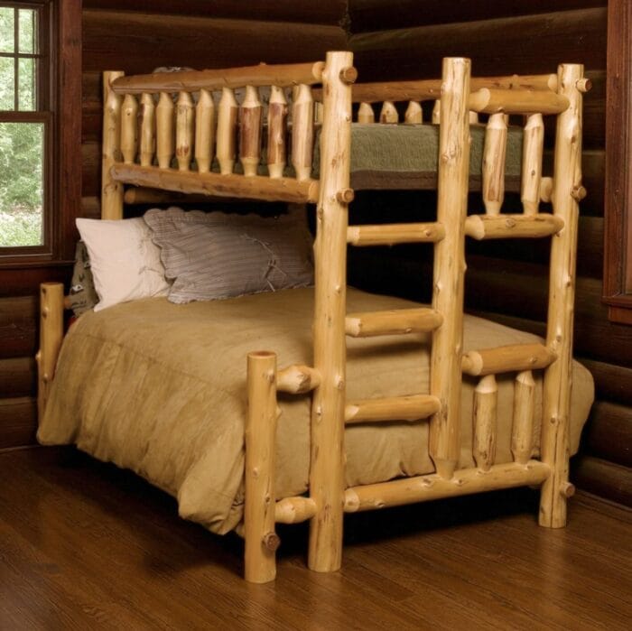 Full view of queen over queen log bunk bed