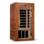 Front exterior view of Dynamic Avila 1-Person infrared sauna in honey dark stain.