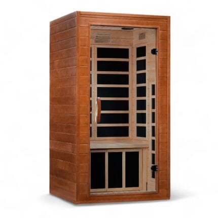 Front exterior view of Dynamic Avila 1-Person infrared sauna in honey dark stain.