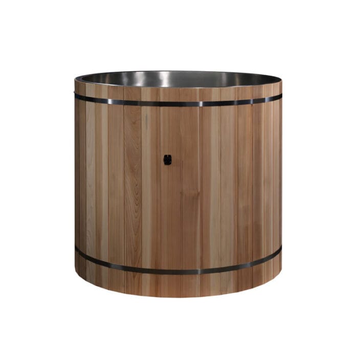 Cedar cold plunge tub with safety cover and child-safety latches